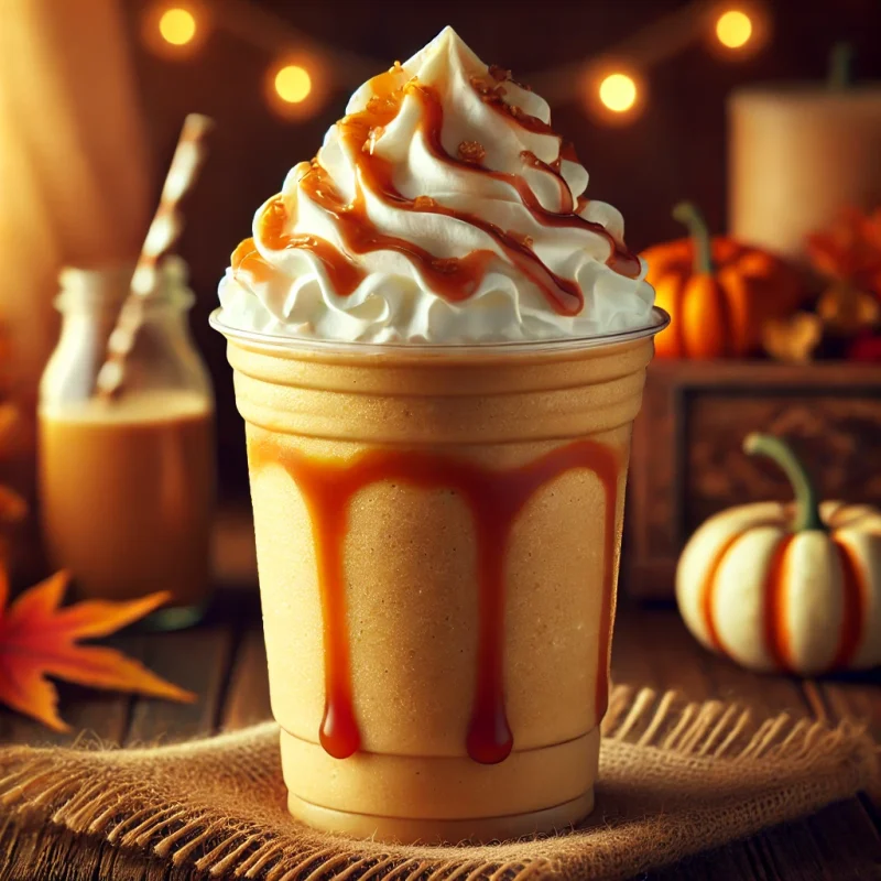 DALL·E 2025-02-01 08.02.00 - A delicious pumpkin spice Frappuccino in a clear glass cup, topped with a generous swirl of whipped cream and drizzled with rich caramel sauce. The dr