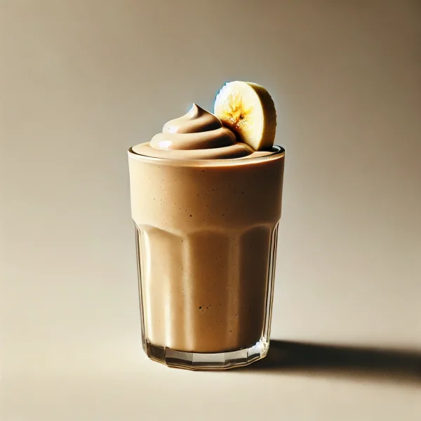 DALL·E 2025-03-19 14.11.10 - A creamy protein banana coffee smoothie in a clear glass, with a thick, smooth texture and a rich beige-brown color. No garnish, no sauce. The backgro